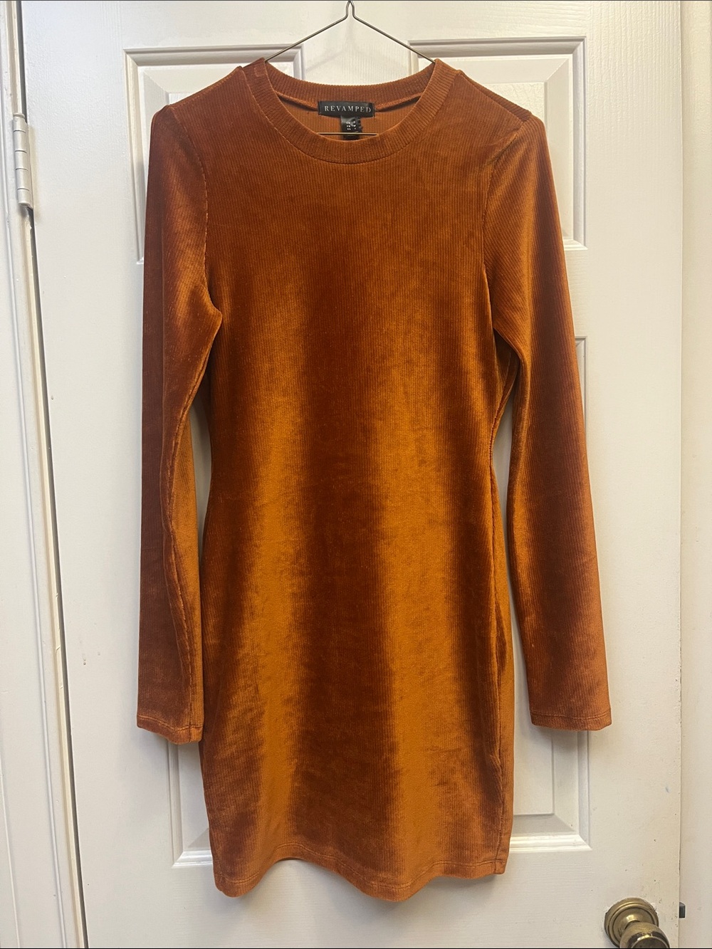 Revamped Burnt Orange Velour Fitted Dress S